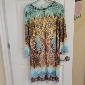 Chicos sz1 beaded collar long sleeve paisley print shift dress